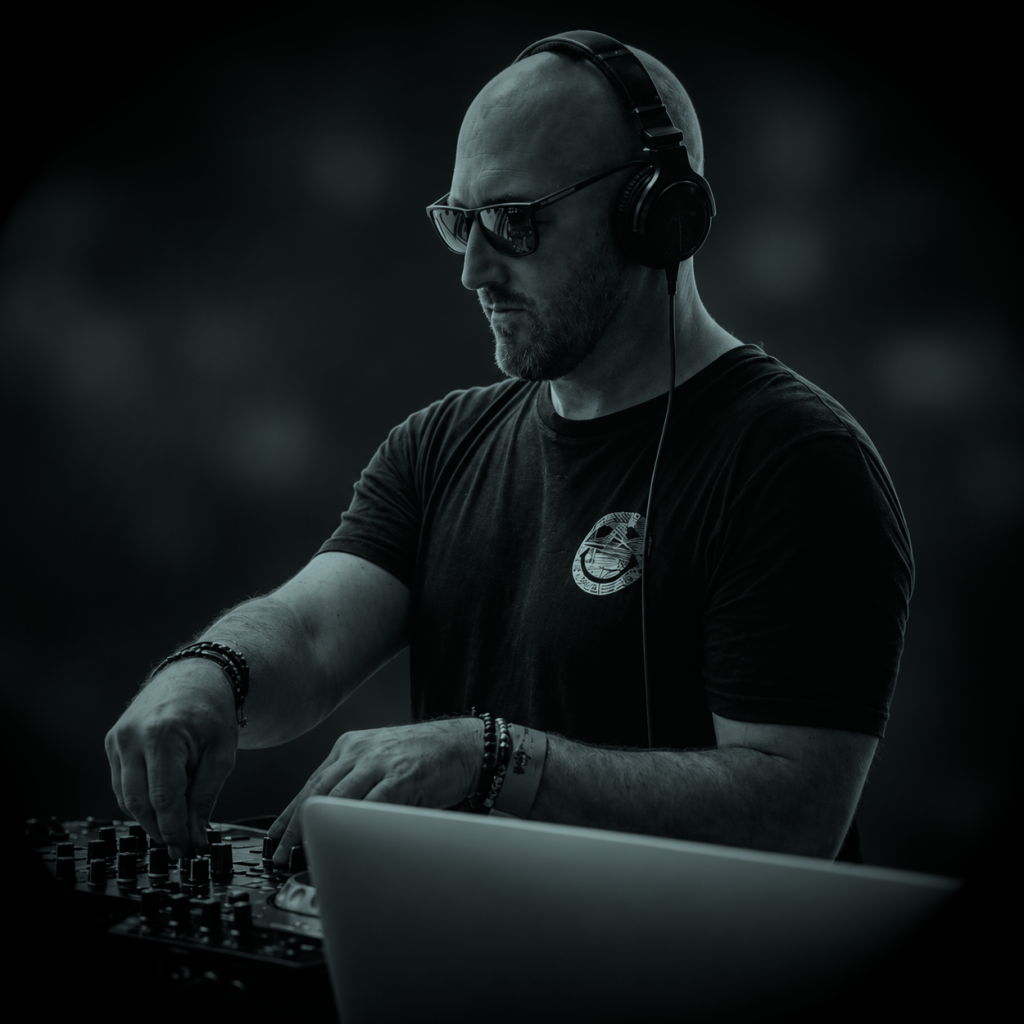 Momochrome photo of DJ Luke Evan mixing from a side profile